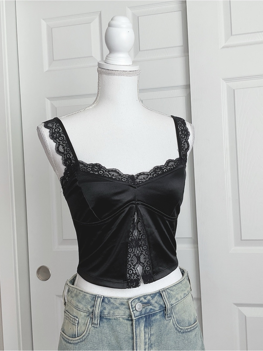 Black Lace-Trim Satin Cami Top